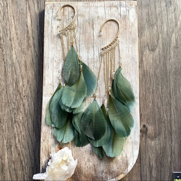 FP Green Feather Behind the Ear Statement Earrings - Picture 2 of 4